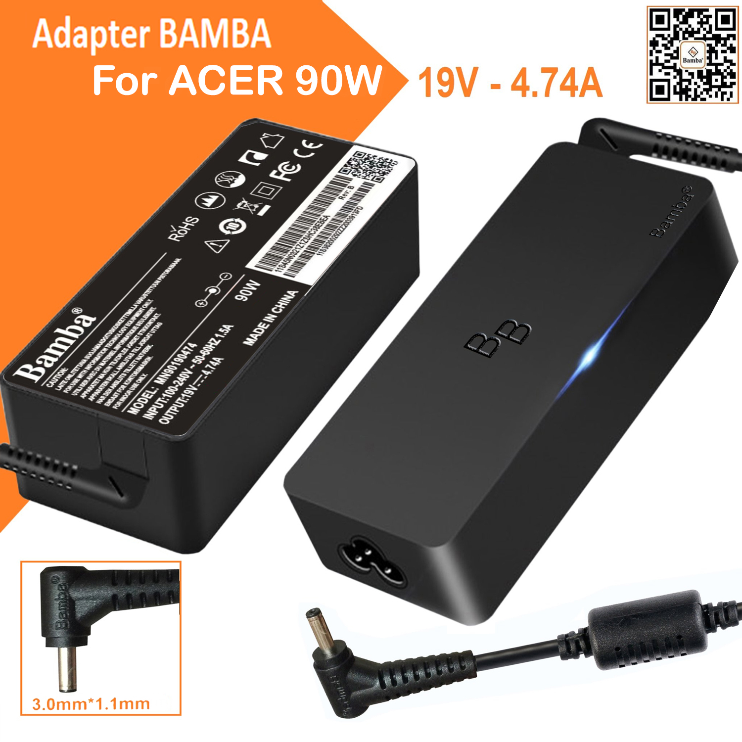 Cục Sạc Bamba  19V – 4.74A   (đầu nhỏ)   Cho Laptop Acer SF314-52,SF114-32,SF514-54T,SF314-54,A314-33,A314-41,A514-51,A514-51G,A514-51K,A514-51KG