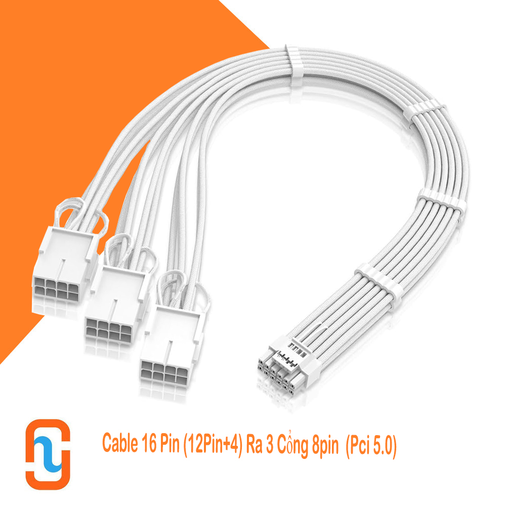 Cable 16 Pin (12Pin+4) Ra 3 Cổng 8pin  (Pci 5.0)     Màu trắng