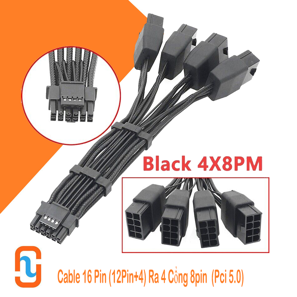Cable 16 Pin (12Pin+4) Ra 4 Cổng 8pin  (Pci 5.0)     Màu đen