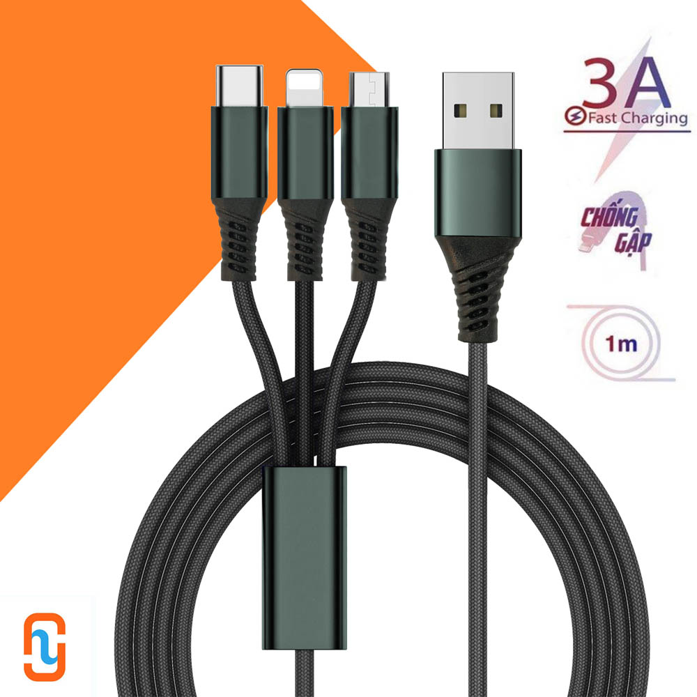 Cable sạc nhanh 3 đầu (Micro usb, Iphone, Usb C)